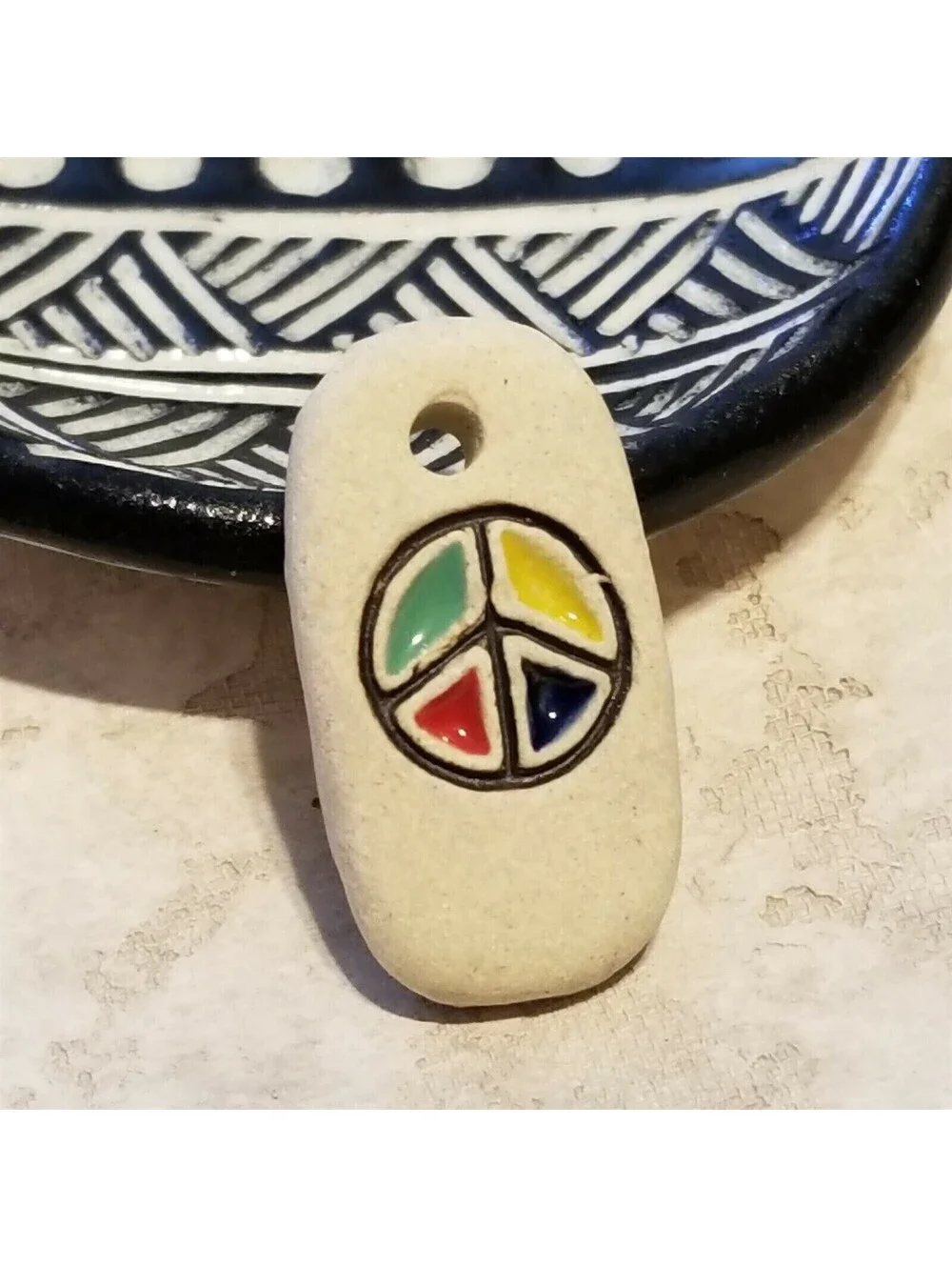 Cream Blue Green Yellow Red Partial Glaze 37x20mm Ceramic Peace Sign Pendant